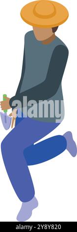 Male farmer holding trowel is planting something isometric illustration Stock Vector
