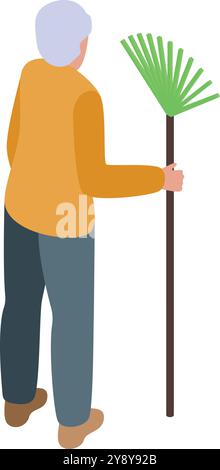 Senior man holding a rake isometric illustration Stock Vector