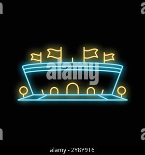 Glowing neon sign depicting a stadium at night, with flags waving on top Stock Vector