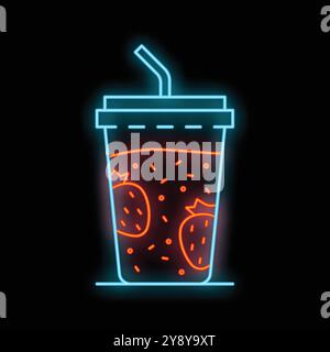 Glowing neon sign representing a strawberry milkshake with a drinking straw on a black background Stock Vector