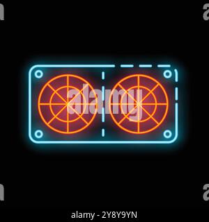 Neon icon of two computer fans is glowing blue and red on black background Stock Vector