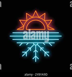 Neon sign representing the change of season from summer to winter with a glowing sun setting over the horizon and a snowflake Stock Vector