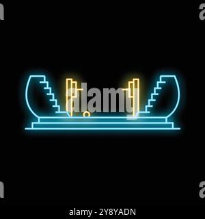 Glowing neon sign of a weightlifting arena with barbells and empty seats on a black background Stock Vector