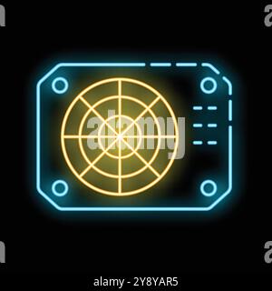 Glowing neon icon of a computer cooler showing rotating fan blades, representing the concept of computer hardware Stock Vector