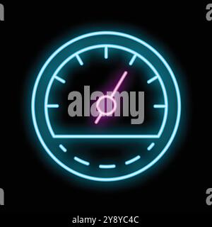 Glowing neon line icon of a speedometer with an indicator showing increasing speed Stock Vector