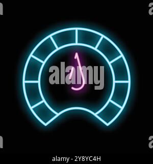 Neon sign showing a blue speedometer with the needle in the red zone on a black background Stock Vector
