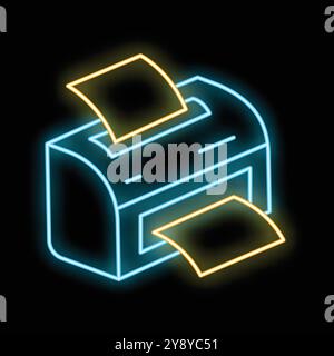Glowing neon line printer icon isolated on black background. Vector illustration Stock Vector