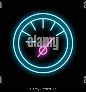 Glowing neon icon of a speedometer with an indicator showing increasing speed Stock Vector