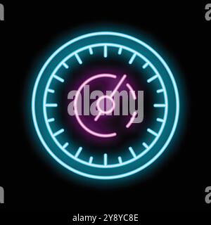 Neon sign is glowing in the dark showing a gauge with its needle moving Stock Vector