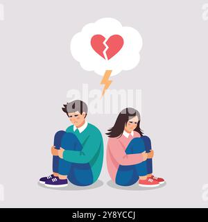 Unhappy couple sitting on the floor with broken heart suffer after breakup or split. Vector illustration. Minimalism Stock Vector