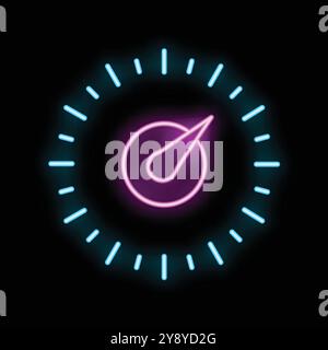 Neon sign illustrating a speedometer with a needle pointing to the right, suggesting speed and performance Stock Vector