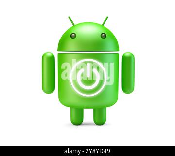Palo Alto, California - October 5, 20243: Green Android robot with a power symbol on a white background, symbolizing technology and innovation for mob Stock Photo