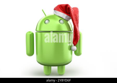 Palo Alto, California - October 5, 20243: Green Android robot is standing while wearing a Santa Claus hat for the Christmas holidays. Illustrative edi Stock Photo
