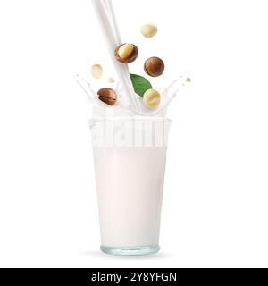 Macadamia nuts falling into glass of milk on white background Stock Photo