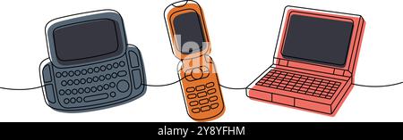 Retro flip phones one line colored continuous drawing. Mobile flip phone, smart phones with keypad. Vector linear illustration. Stock Vector