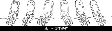 Retro phones one line continuous drawing. Set of flip mobile phones. Vector linear illustration. Stock Vector