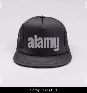 Black mesh Baseball cap front on grey background Stock Photo