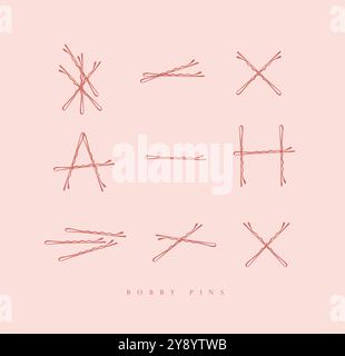 Bobby hair pins collection of wave shaped hairpins in various positions drawing on pink background Stock Vector