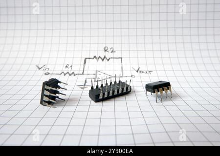 Integrated circuits on an op-amp circuit drawing. Operational amplifier. Industrial projects or engineering education concept. Stock Photo