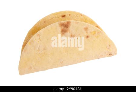 single empty tortilla, thin wheat flat bread isolated on white background with clipping path, corn tortilla for prepared mexican food taco Stock Photo