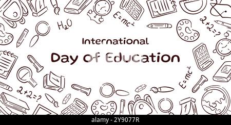 International Day of Education banner with doodle style educational tools like book, pencil, calculator and science symbol. Design for educational Stock Vector
