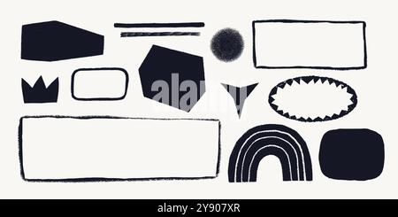 Various geometrical shapes and frames with ripped border. Simple figures with rough torn edges. Black vector collage torn paper piece or vintage paint Stock Vector