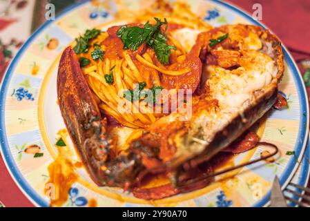 "Tagliatelle with lobster" a somptuos dish for a holiday meal. Stock Photo