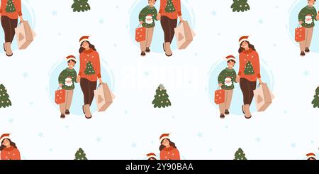 Seamless pattern Christmas Shopping. Happy woman with child boy in Xmas sweaters with packages gifts on white background with tree. Vector horizontal Stock Vector