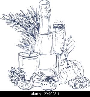 Christmas decor with tangerines, champagne. sweets and pine branches. Graphic illustration hand drawn in black ink. Composition, sublimation Stock Vector