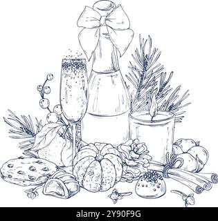 Christmas decor with tangerines, champagne. sweets and pine branches. Graphic illustration hand drawn in black ink. Composition, sublimation Stock Vector