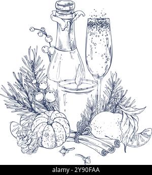 Christmas decor with tangerines, champagne. sweets and pine branches. Graphic illustration hand drawn in black ink. Composition, sublimation Stock Vector