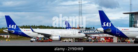Scandinavian Airlines airplane (SAS) airbus A320 at gate at Arlanda Airport, with ground handling support. Early autumn. Stock Photo