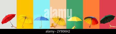 Set of many umbrellas on color background Stock Photo