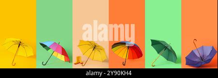 Set of bright umbrellas on color background Stock Photo