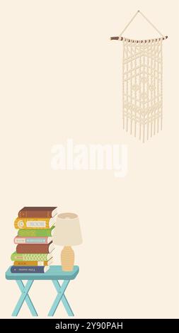 "Cozy interior with stacked books, table lamp, and macramé wall hanging. Minimalist and boho inspired design with soft beige background and vintage el Stock Vector