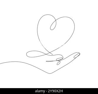 continuous line drawing of a hand with a heart in the center, symbolizing charity, kindness, and support. Stock Vector