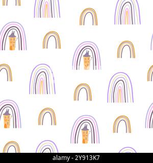 Halloween rainbow seamless pattern, simple hand drawn repeat illustration in trendy pastel colors, minimalist concept perfect for textile, celebration decor, cards, gift paper, papercraft Stock Vector