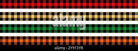 Set of textile tapes with buffalo plaid textures. Ribbons with Christmas or Halloween checkered lumberjack pattern. Geometric fabric straps with gingham or vichy print. Vector flat illustration. Stock Vector