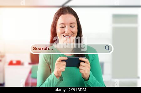 Businesswoman, smart phone or search engine hologram for information, 3D or SEO graphic for iot research. Smile, happy and creative person on digital Stock Photo