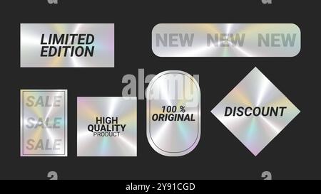 Holographic stickers logos emblem labels color set. Limited Edition 100 original. For packaging product of promotional material. Sticker for clothes or accessories. Vector illustration. Stock Vector