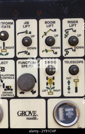 Close-up of toggle switch controls on component of heavy machinery, Quebec, Canada, North America Stock Photo