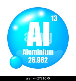 Aluminium element icon. Atomic number 13. Atomic mass 26.982. Blue spherical shape. Stock Vector