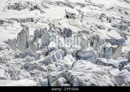 Rutted glacier ice with crevasses, high alpine mountain landscape, La Jonction, Chamonix, Haute-Savoie, France, Europe Stock Photo
