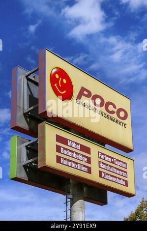 Board with lettering and logo, POCO furniture stores, Kempten, Allgaeu, Bavaria, Germany, Europe Stock Photo