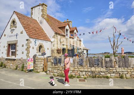 Waiting walker with doggie in front of Breton old stone house, restaurant L'hippocampe on the coast decorated with colourful flags in sunshine and blu Stock Photo