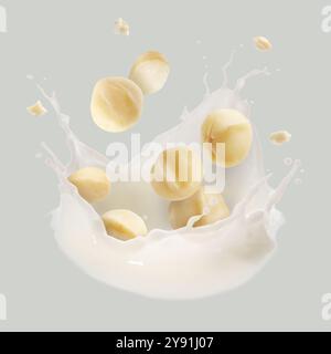 Macadamia nuts and splashing milk in air on light grey background Stock Photo