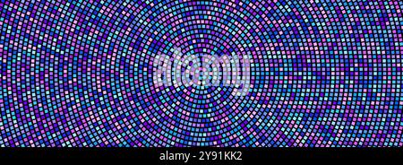 Radial disco party pattern. Blue and pink square sequin mosaic texture background. Abstract purple shining glitter halftone wallpaper. Pop up comic sparkling glitter and strass backdrop. Vector Stock Vector