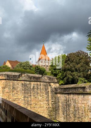 City gate tower Tiergartnertor in Nuremberg. Medieval architecture in Germany at cloudy summer day Stock Photo