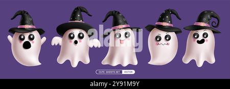 Ghost character set vector design. Halloween cute ghost spirit collection with scary, spooky, happy and naughty facial expression isolated in violet Stock Vector