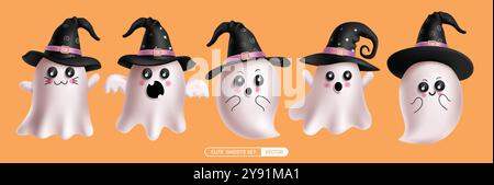 Ghost characters vector set design. Halloween cute ghost character with happy, naughty, shock and smiling facial expression floating in yellow Stock Vector